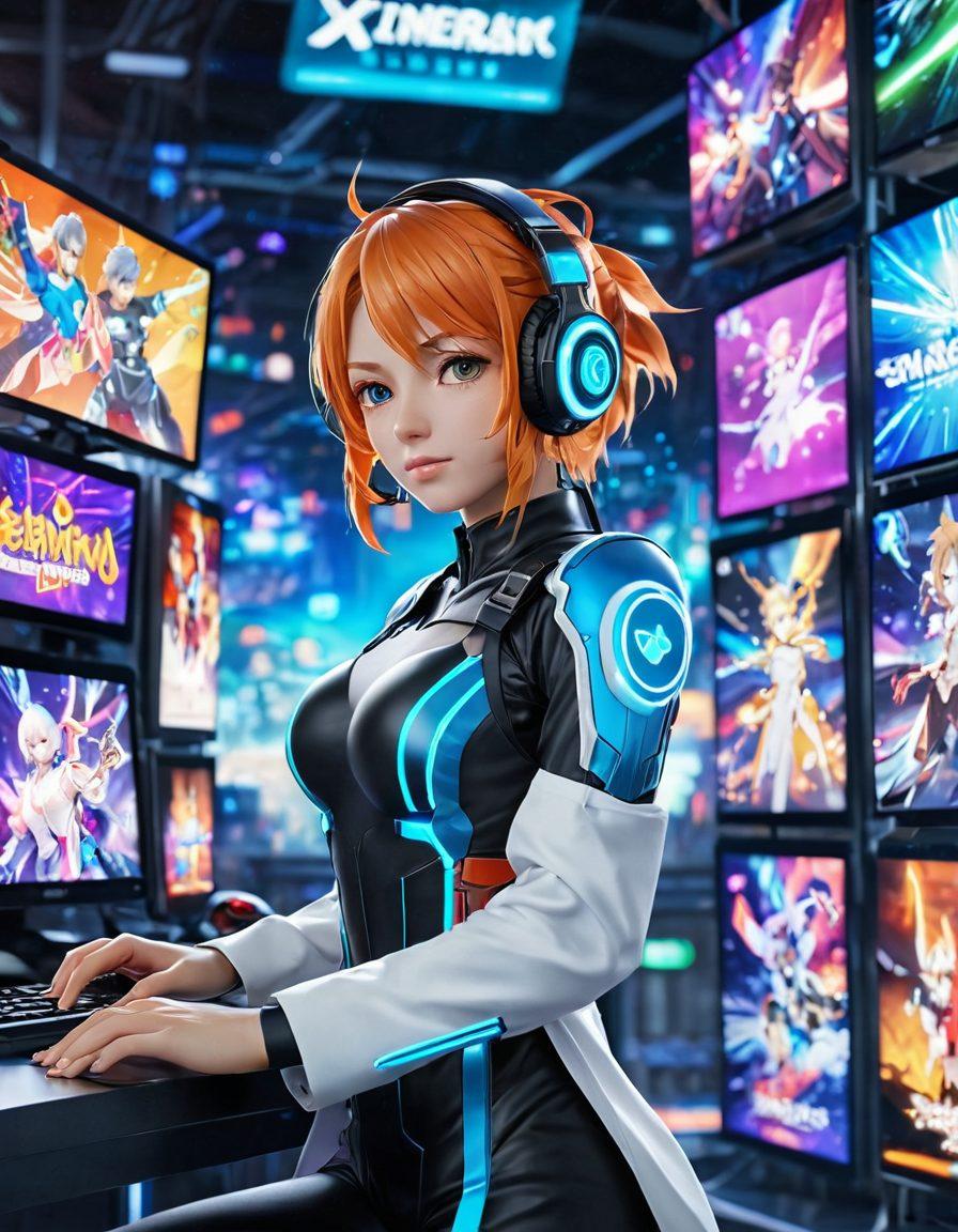 A dynamic scene featuring an anime-inspired hero character equipped with futuristic gaming gear, surrounded by vibrant, interactive elements that mimic a digital world. In the background, ethereal landscapes and iconic anime symbols intertwine, showcasing the essence of gaming and narrative depth. The atmosphere is filled with expressive energy, emphasizing the connection between anime and gaming. super-realistic. vibrant colors. 3D.