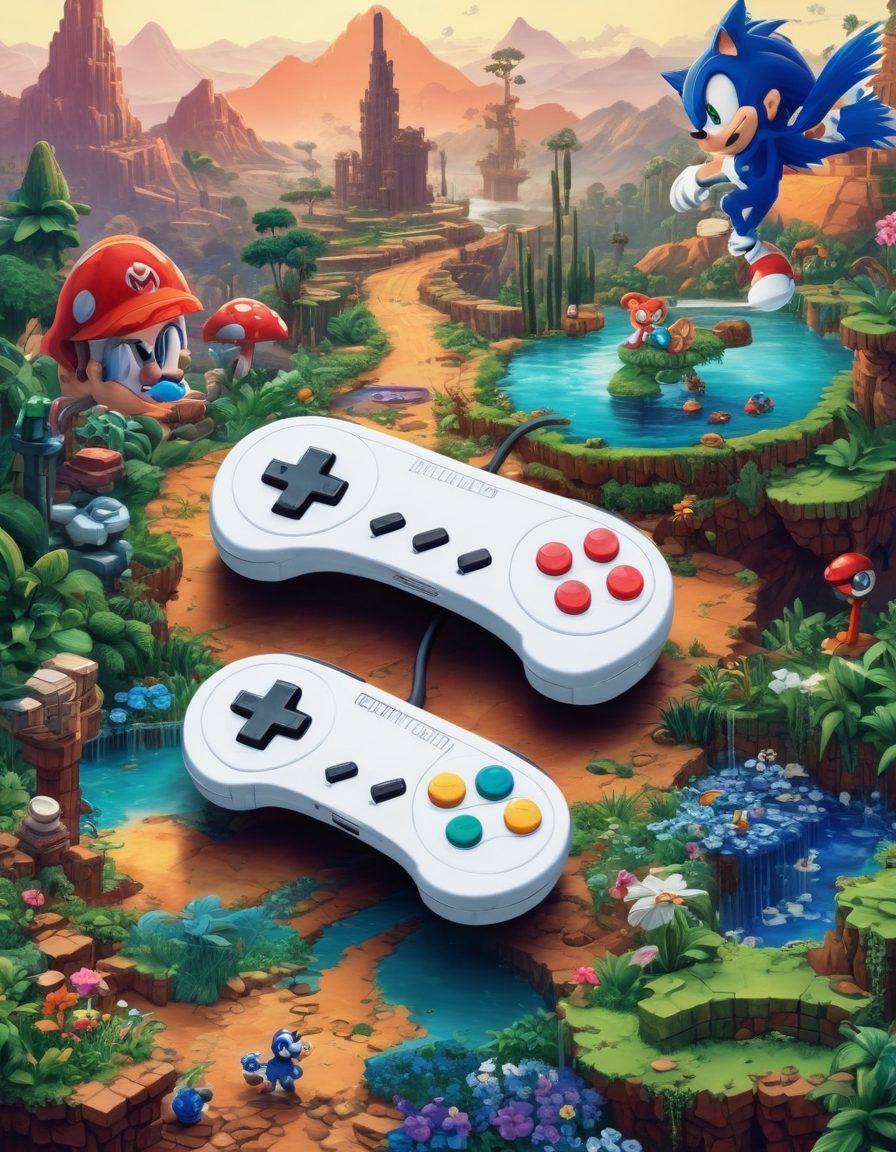 A vibrant collage of beloved classic anime video game characters like Mario and Sonic intertwined with lesser-known hidden gems, set against a dynamic backdrop of console controllers, pixelated landscapes, and magical worlds. The characters should show diverse emotions and styles, capturing the essence of exploration and nostalgia. Use a bright color palette that conveys excitement and adventure, with a futuristic touch. pixel art. vibrant colors. white background.