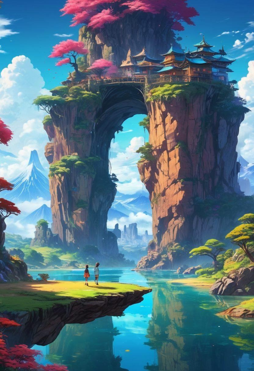 A vibrant and dynamic scene showcasing a captivating anime gaming world, featuring iconic characters from various games engaged in action-packed gameplay. The background is filled with colorful landscapes, floating islands, and futuristic elements, hinting at hidden gems. Include a glowing, mysterious portal that draws attention, symbolizing exploration. The style should be a blend of anime and fantasy art, rich in detail and colors. super-realistic. vibrant colors. fantasy art.